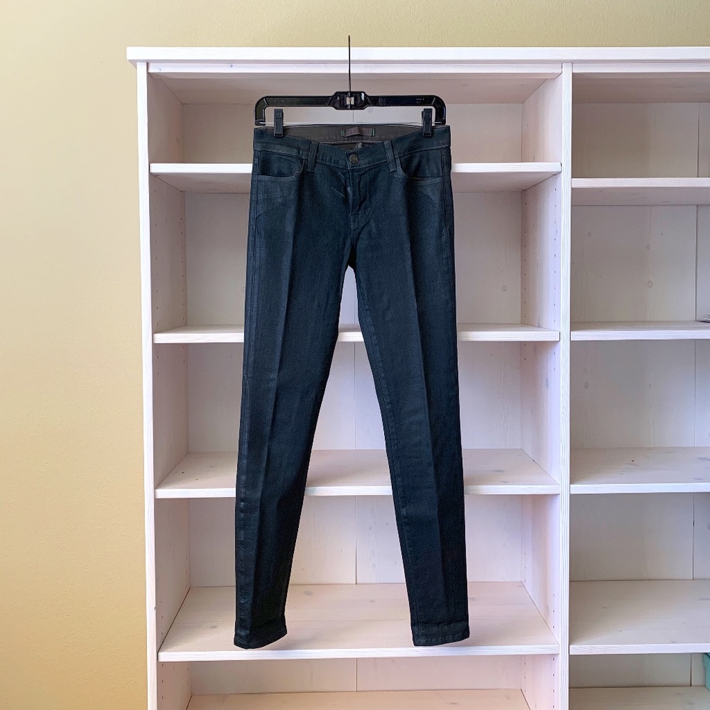 J Brand Mid-Rise Coated Ankle Skinny Jeans 26 in Dark Forest Green